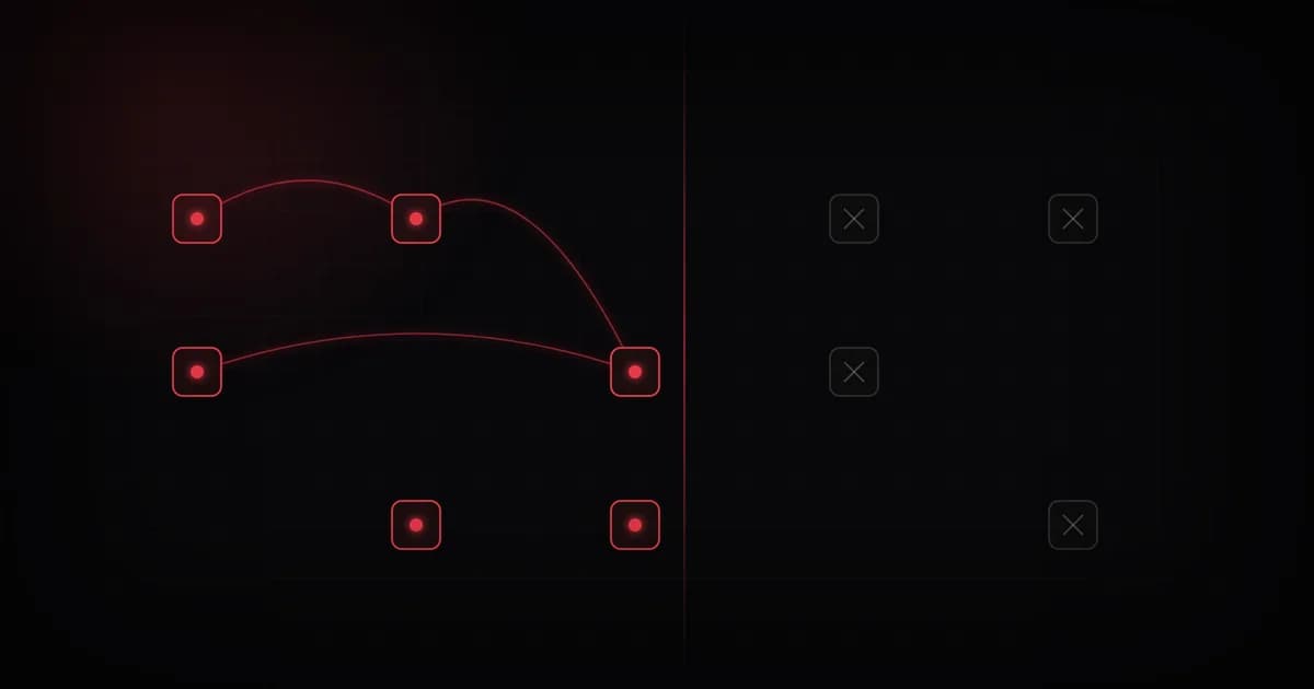 A node graph split in two: glowing active nodes on the left, erased noOp nodes marked with an X on the right