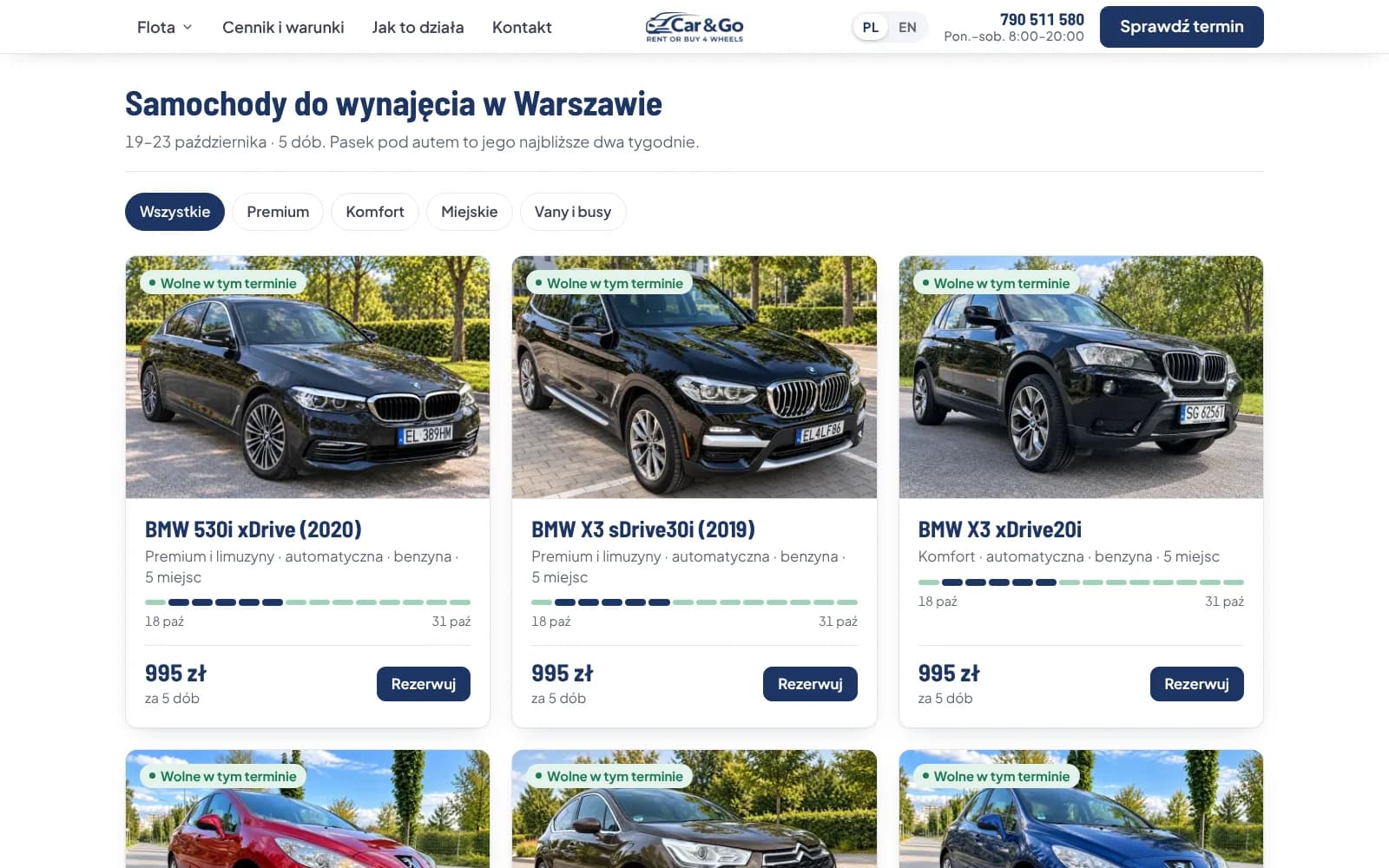 Car&Go: lista aut do wynajęcia w Warszawie z dostępnością na dwa tygodnie i ceną za wybrany termin