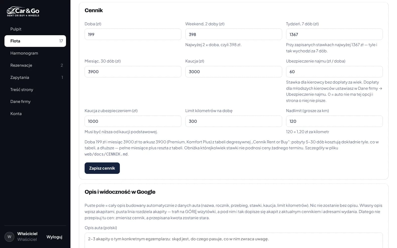 Car&Go: cennik auta w panelu ze stawkami za dobę, weekend, tydzień i miesiąc, kaucją i ubezpieczeniem