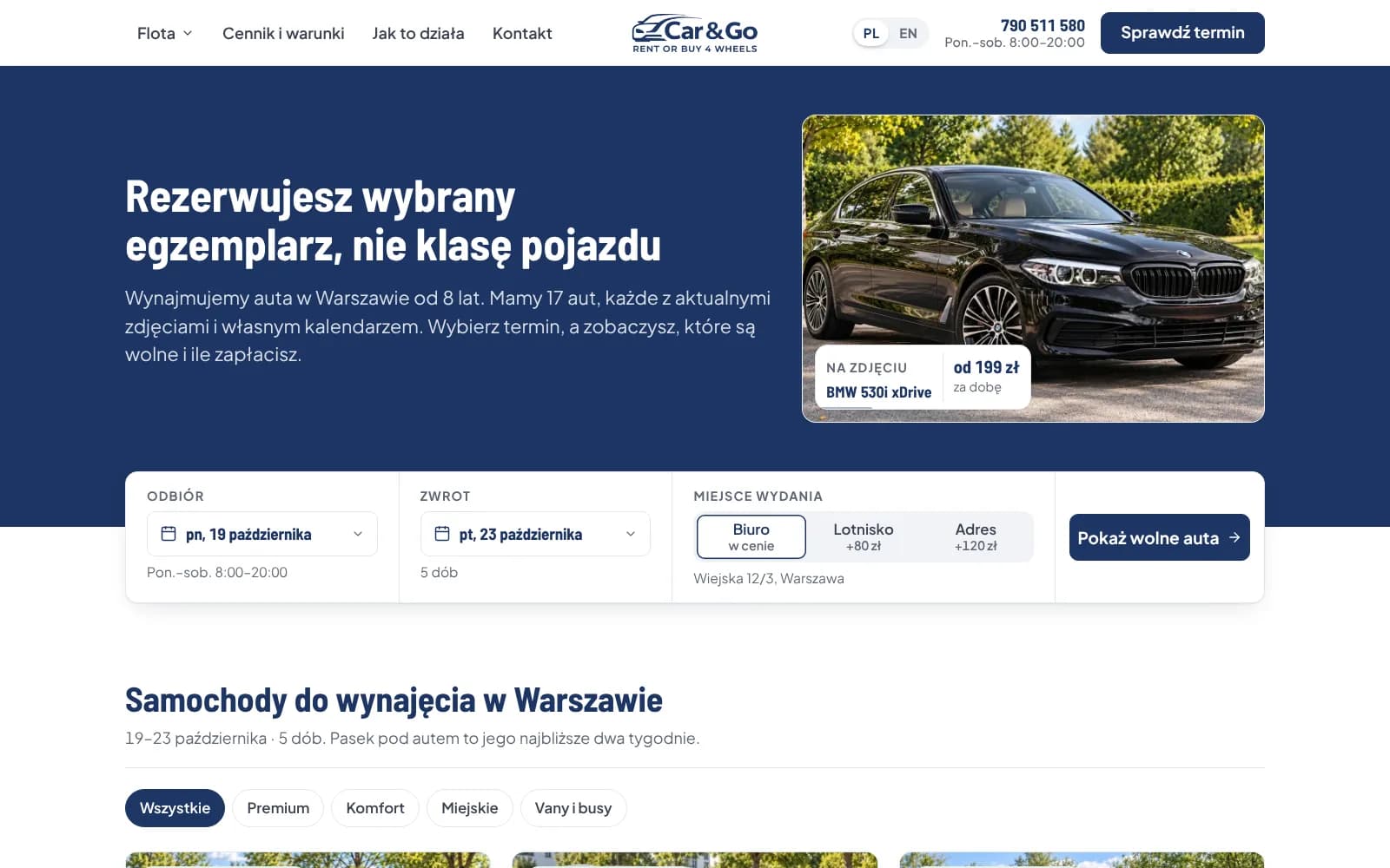 Car&Go: strona główna z hasłem o rezerwacji konkretnego egzemplarza i wyborem terminu, miejsca wydania i wolnych aut
