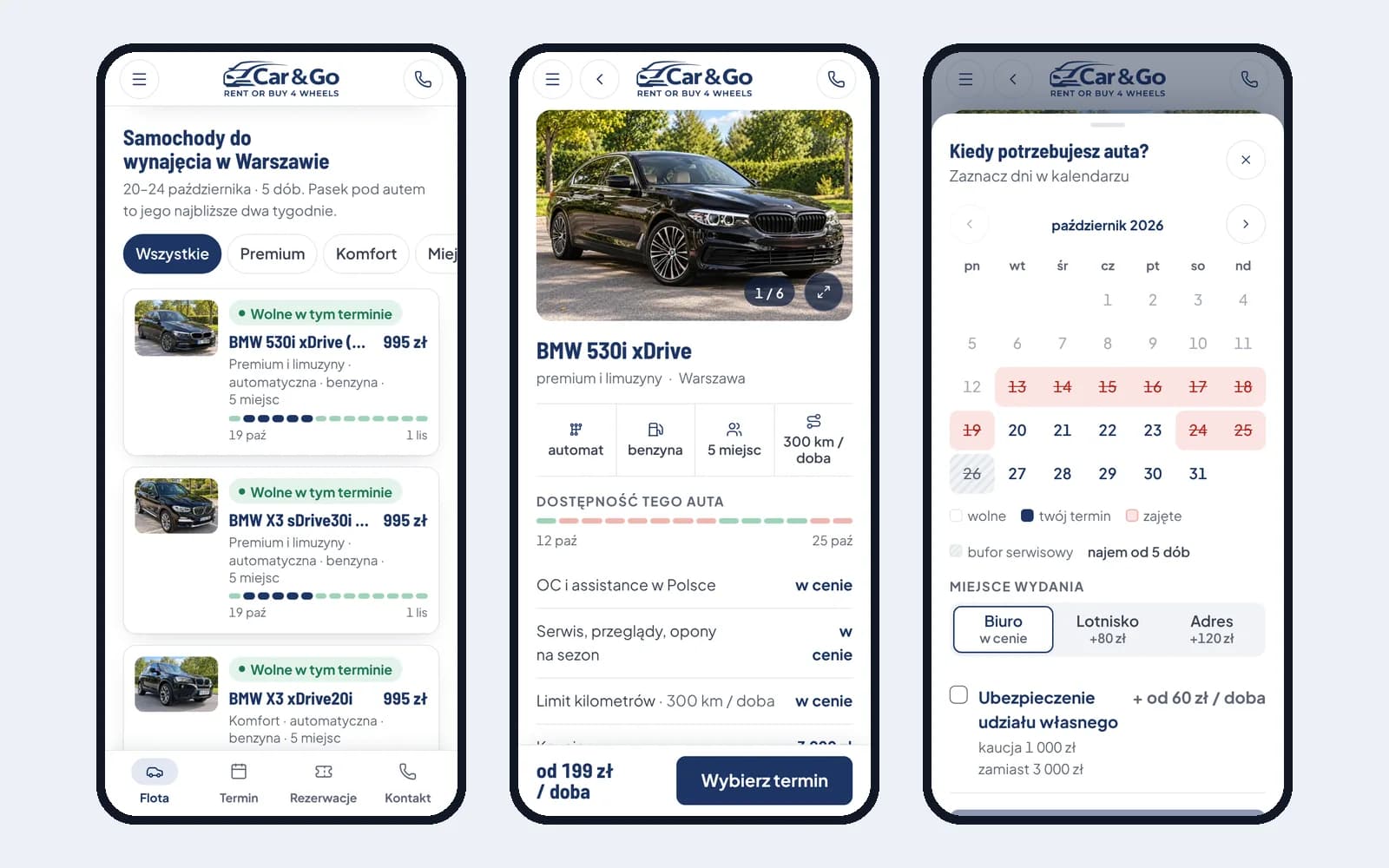Car&Go na telefonie: lista aut z dostępnością, wizytówka auta i wybór terminu w kalendarzu