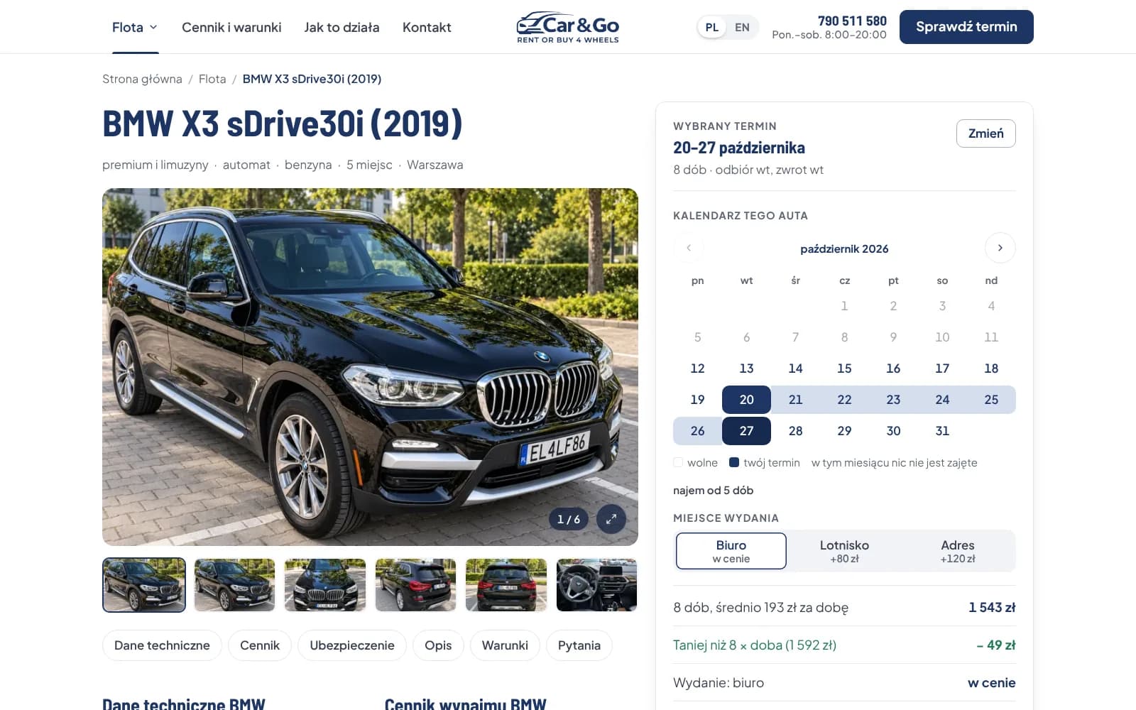 Car&Go: wizytówka BMW X3 z galerią zdjęć tego egzemplarza, kalendarzem auta i ceną policzoną za zaznaczone dni