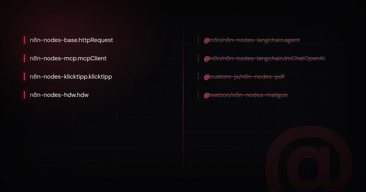 Two columns of n8n package names: unscoped n8n-nodes names intact on the left, scoped names beginning with the @ character struck out on the right