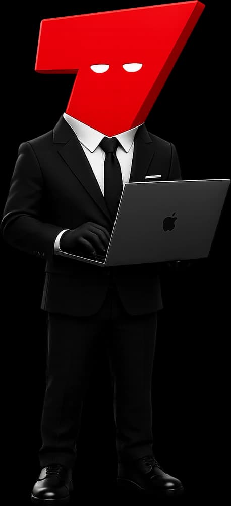 SVEN, the SEVENEDGE mascot, working at a laptop