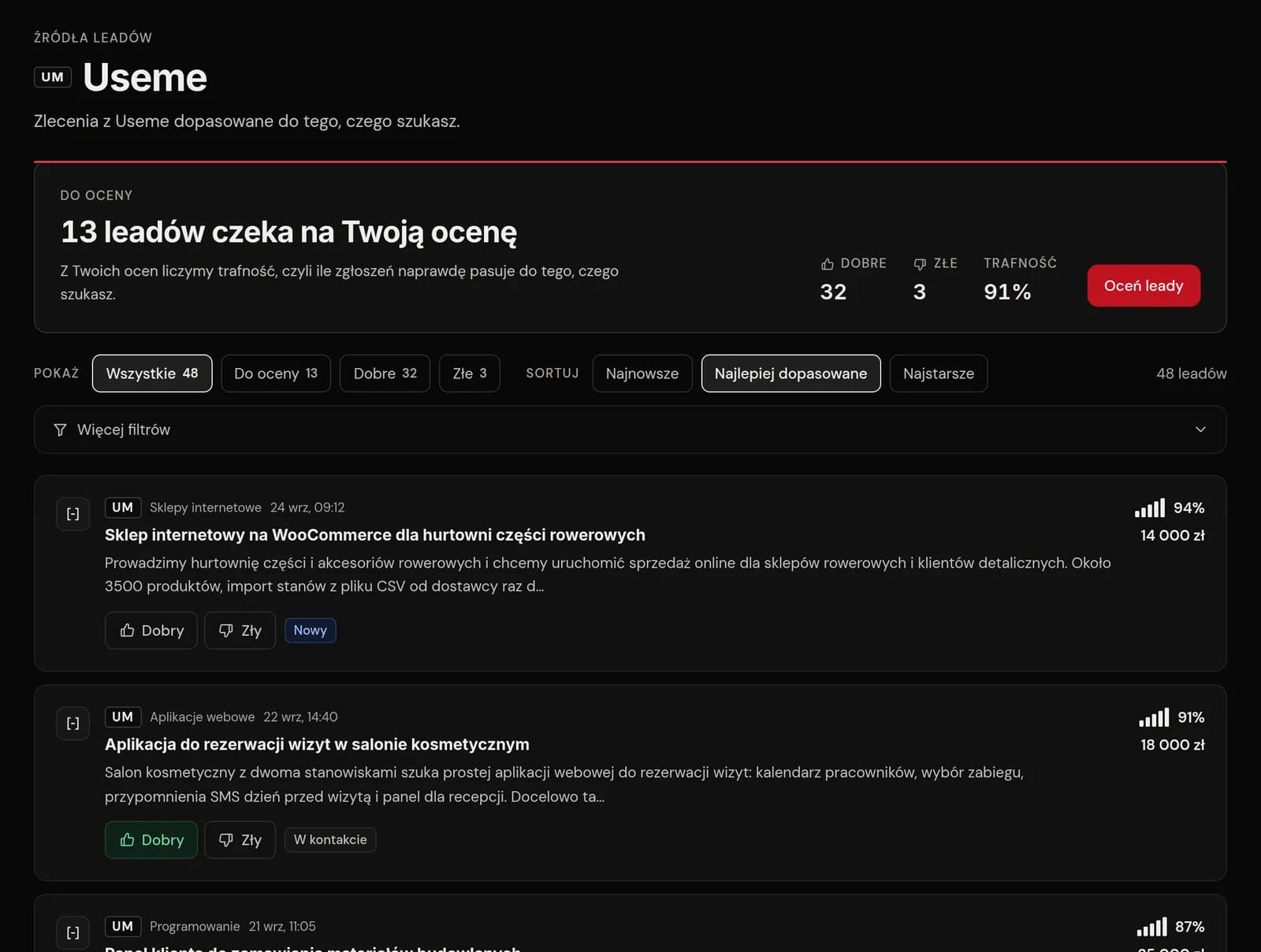 Lista zleceń z Useme w SevenOS na danych pokazowych, od najlepiej dopasowanych, z budżetem, opisem i przyciskami Dobry i Zły