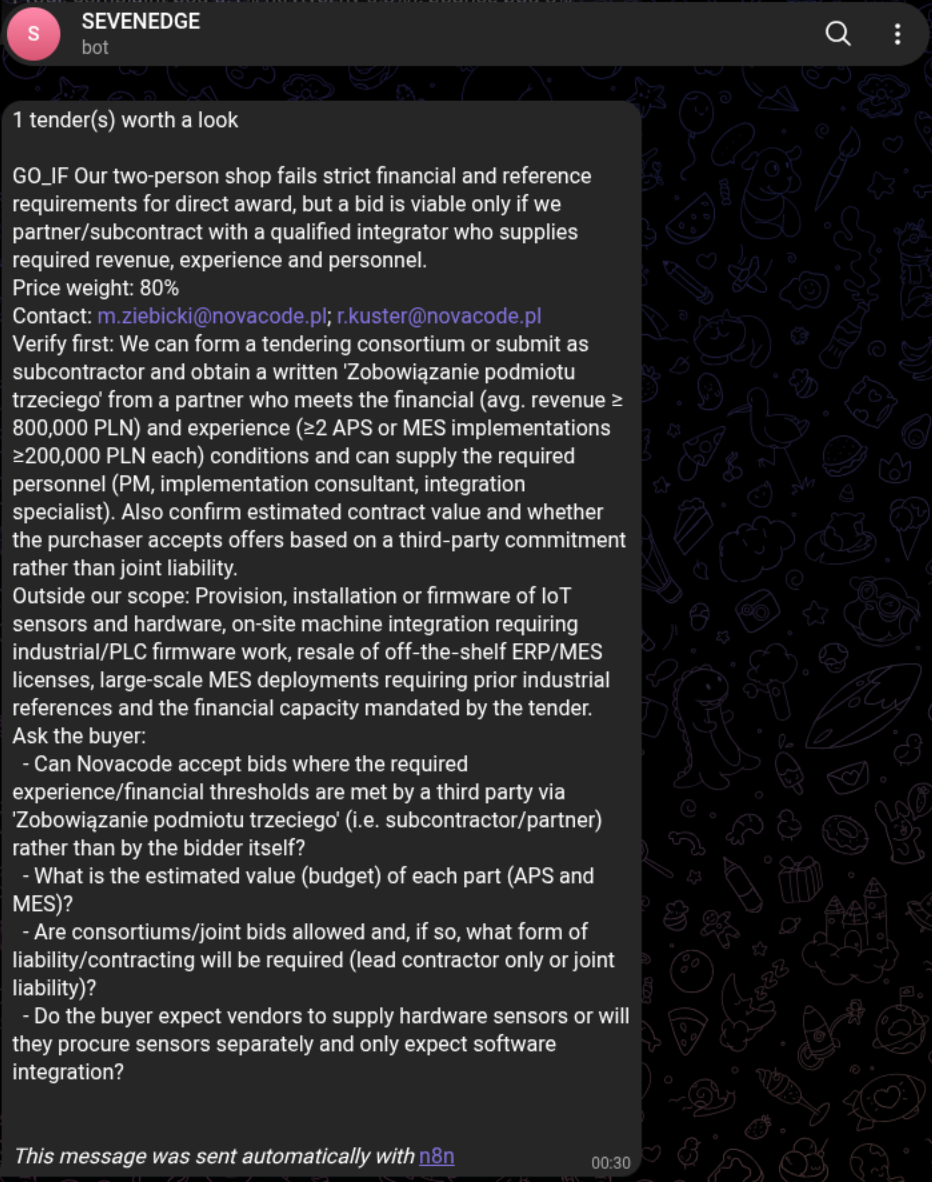 Telegram report with a single GO_IF verdict, the price weighting at 80 percent, the condition to verify and four questions for the buyer